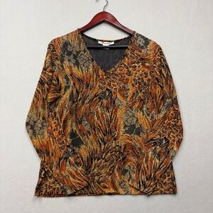 Nygard Collection Top Womens L Orange Animal Print V-Neck Long Sleeve Y2K Style